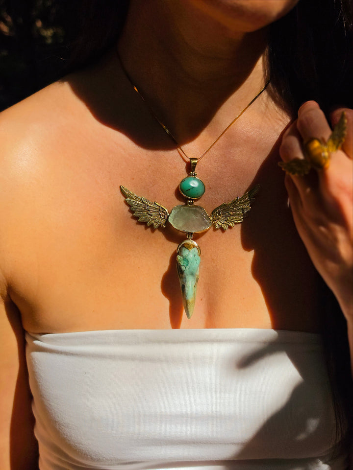 Fuchsite Raven, Green Calcite & Chrysoprase Anahata Brass Pendant
