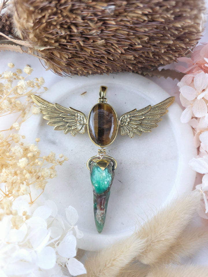 Chrysoprase Raven Skull with Tigers Eye Winged Brass Pendant