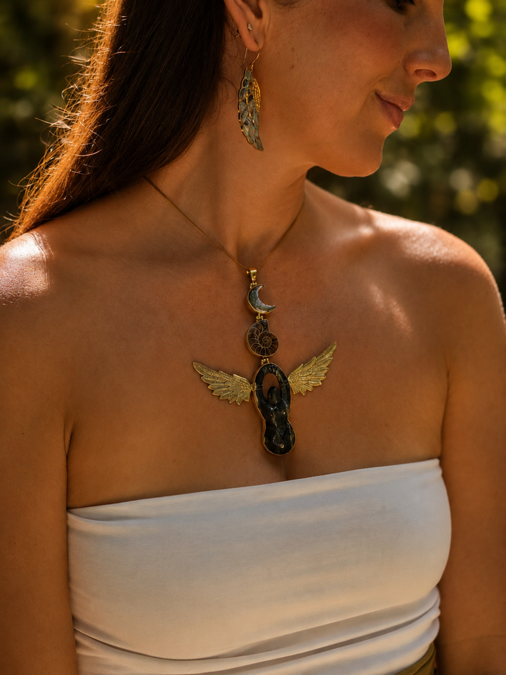 Pyrite, Ammonite & Bumble Bee Jasper Goddess Anahata Pendant