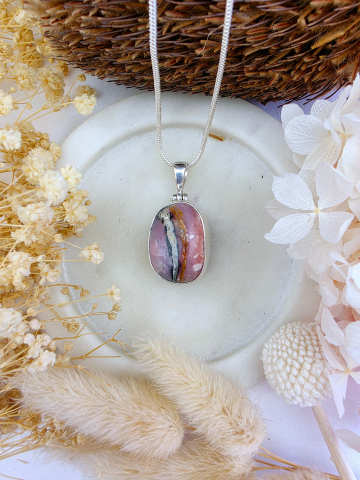 Pink Opal Tumbled Silver Pendant