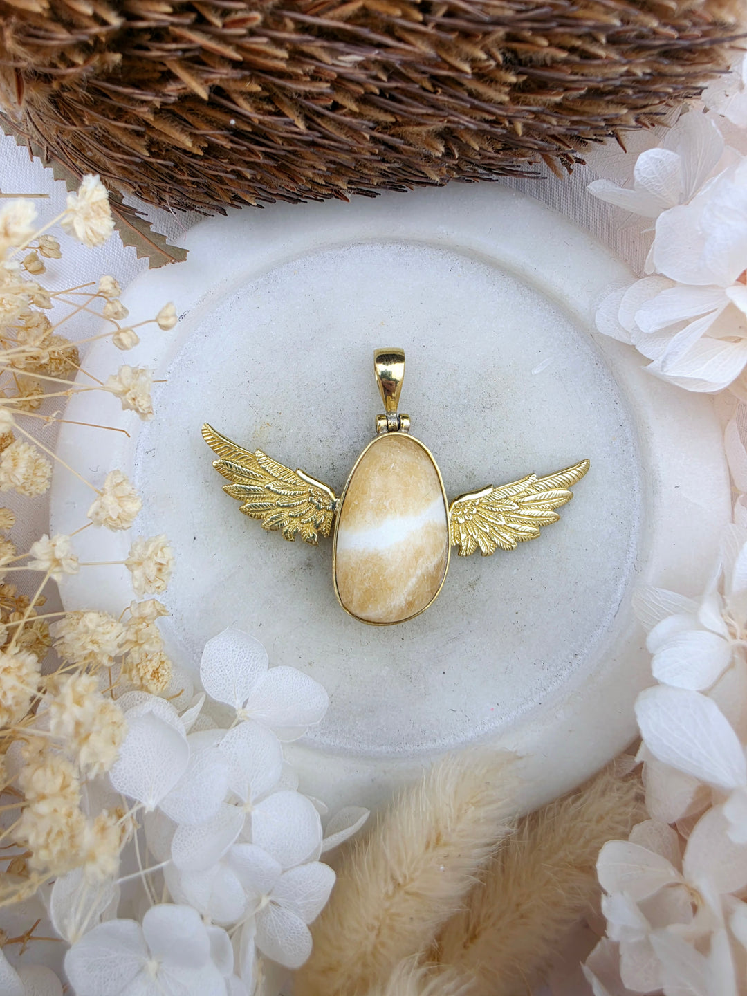 Orange Calcite Anahata Brass Pendant