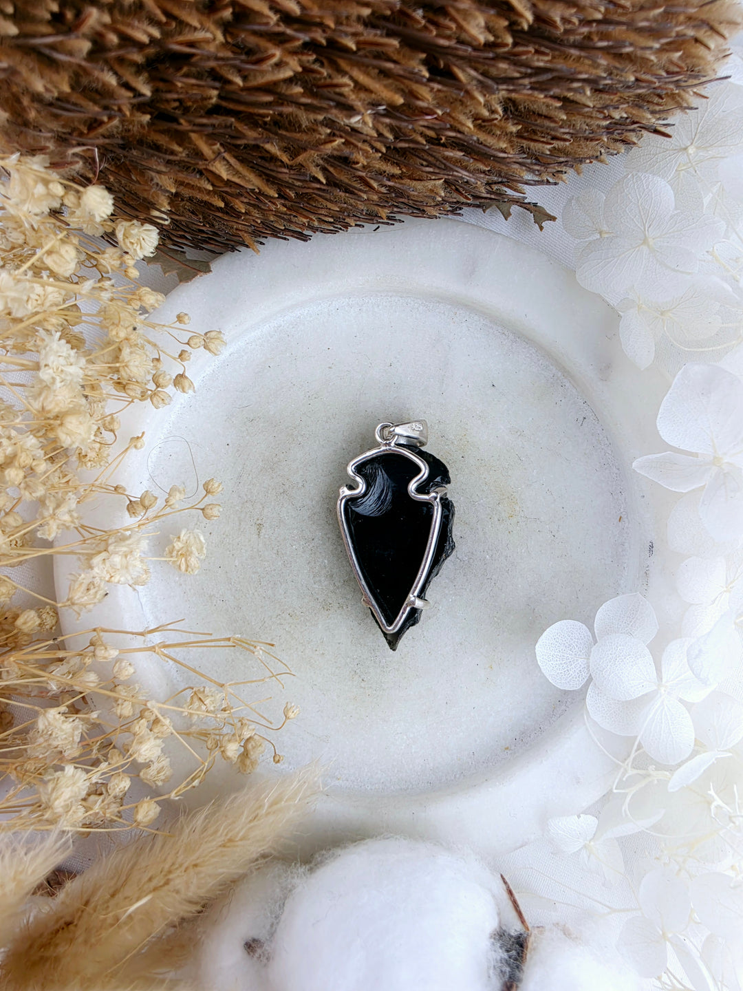 Black Obsidian Arrowhead Silver Pendant