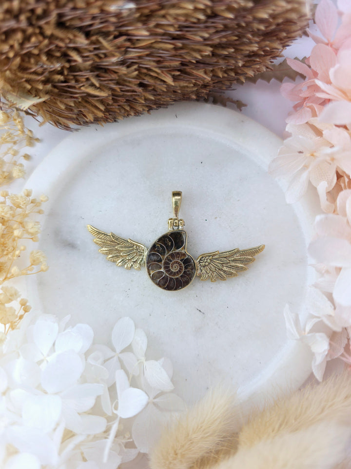 Ammonite Fossil Winged Brass Pendant #1B