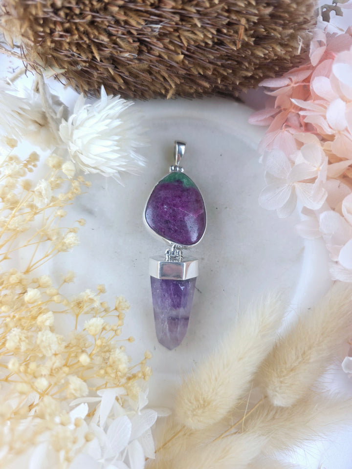 Ruby Zoisite & Amethyst Silver Pendant