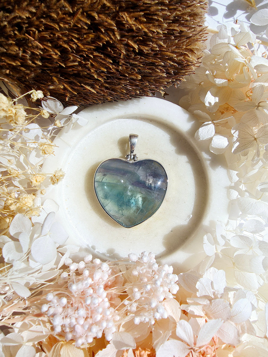 Rainbow Fluorite Heart Silver Pendant