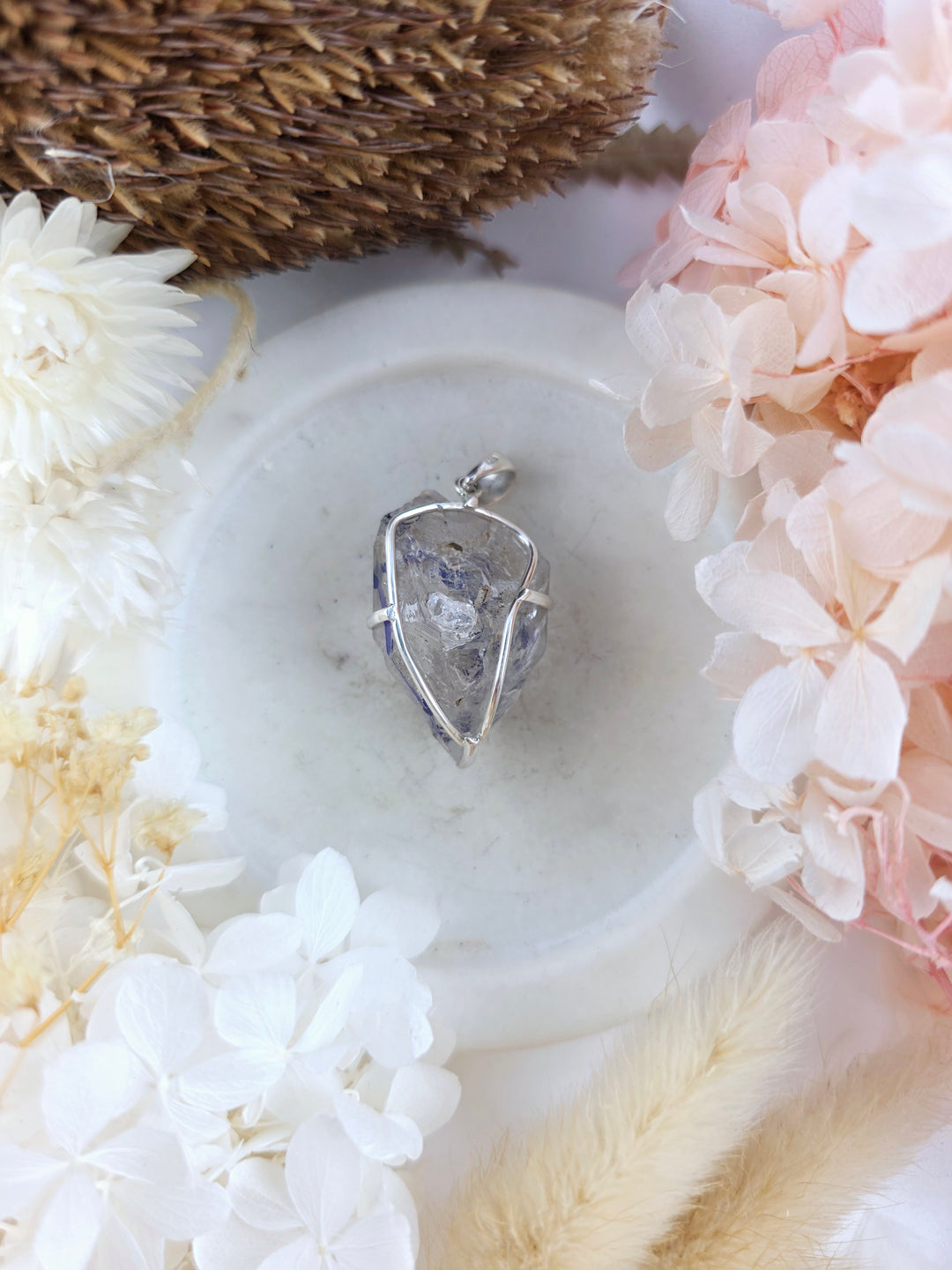 Clear Quartz with Enhydro Bubble Double Terminator Silver Pendant