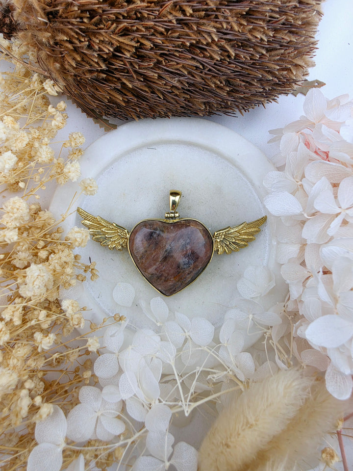 Black Moonstone Heart Anahata Brass Pendant