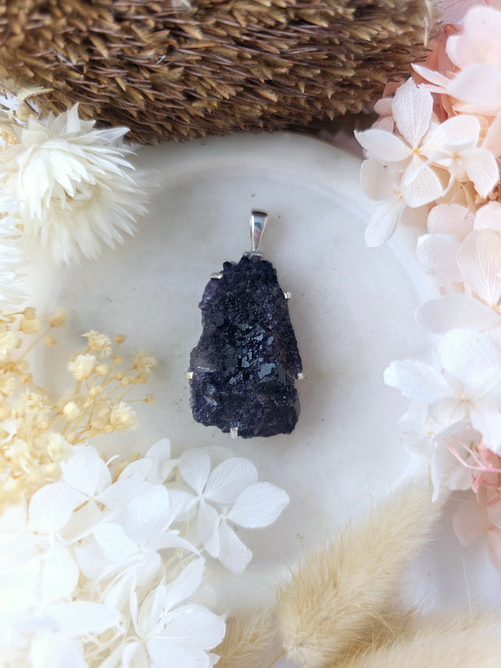 Purple Cubic Fluorite Natural Silver Pendant