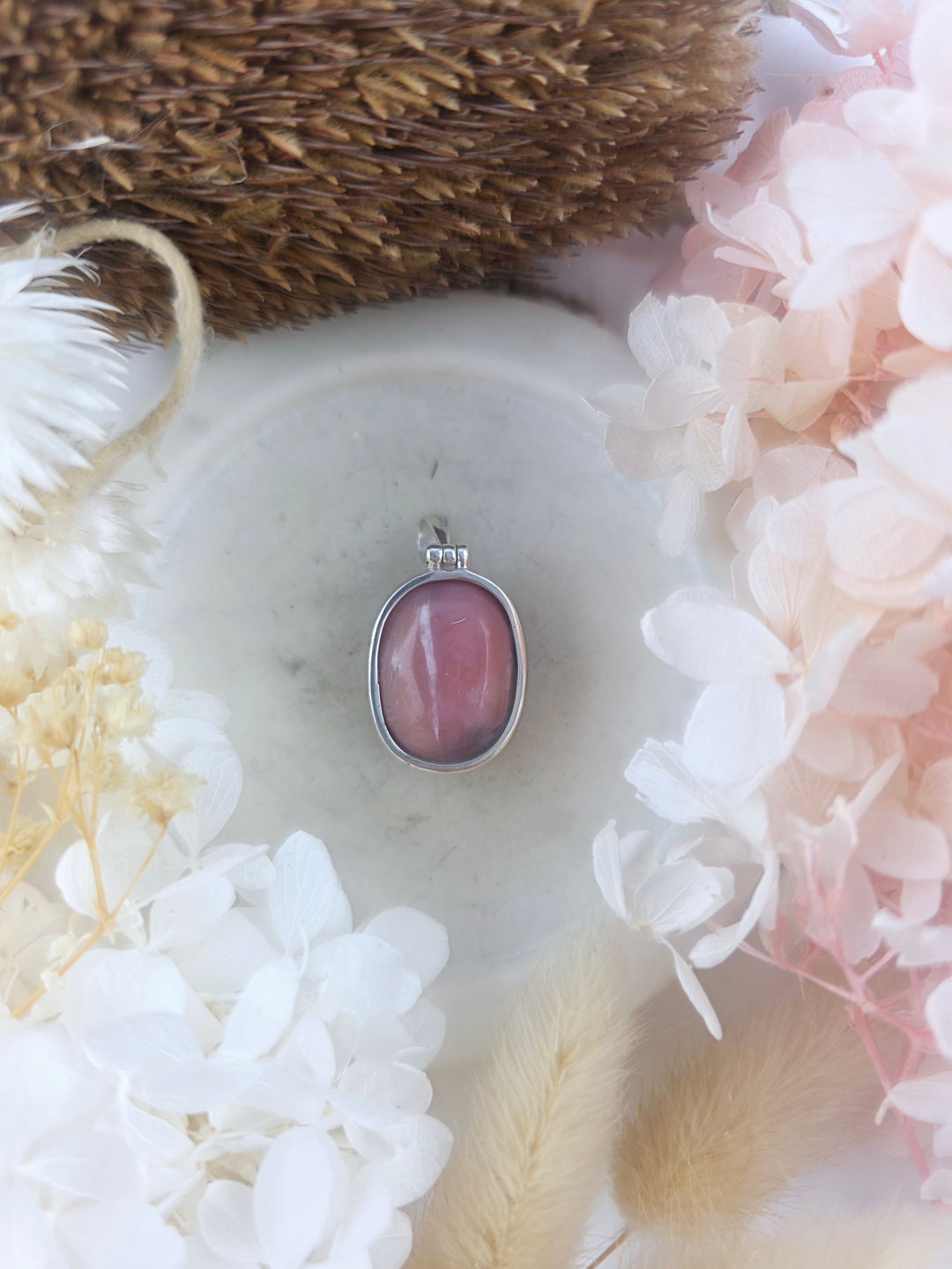 Pink Opal Tumbled Silver Pendant