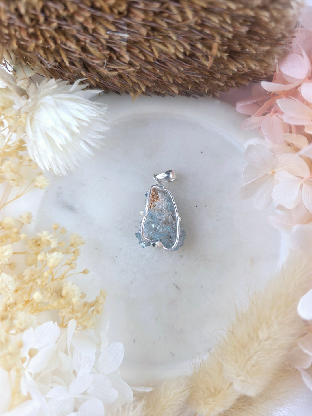 Aqua Aura Cluster Silver Pendant