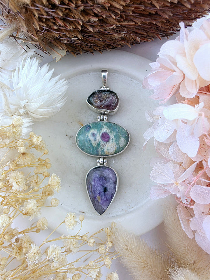 Ruby Fucshite, Charoite & Watermelon Tourmaline Silver Pendant