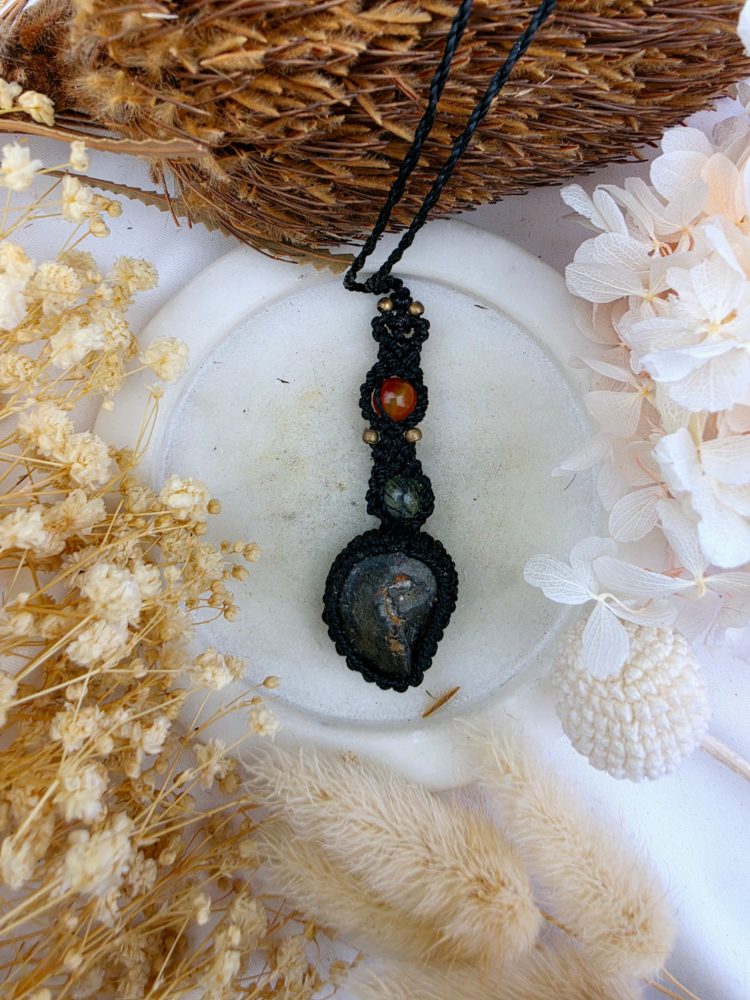 Pyritized Ammonite, Fluorite & Carnelian Macrame Pendant