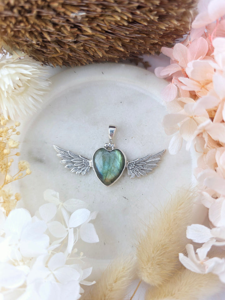 Labradorite Heart Winged Goddess Silver Pendant