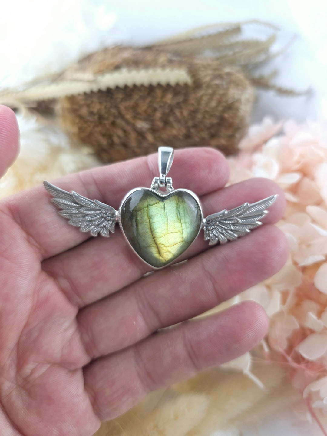 Labradorite Heart Winged Goddess Silver Pendant