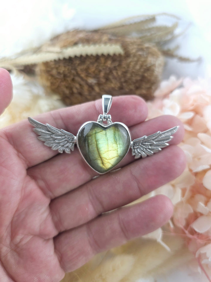 Labradorite Heart Winged Goddess Silver Pendant