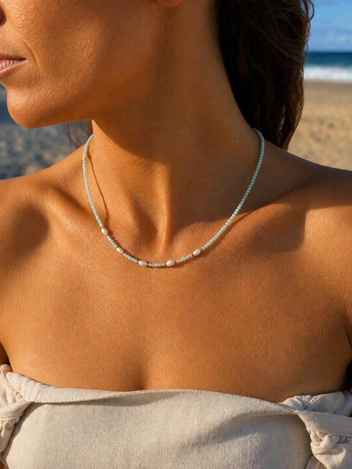 Amazonite Faceted Pearl Necklace - 2mm
