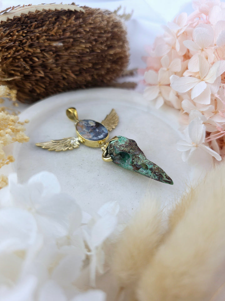 Chrysoprase Raven Skull with Opal Winged Brass Pendant