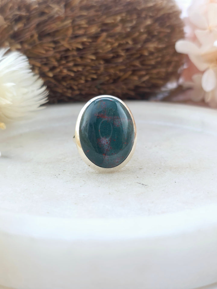 Bloodstone Jasper Silver Ring - Size 8