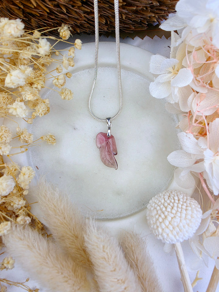 Pink Tourmaline Leaf Silver Pendant