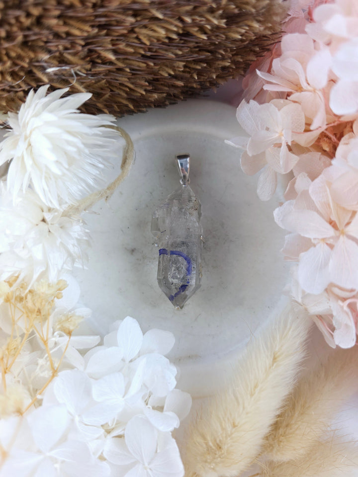 Clear Quartz with Enhydro Bubble Double Terminator Silver Pendant