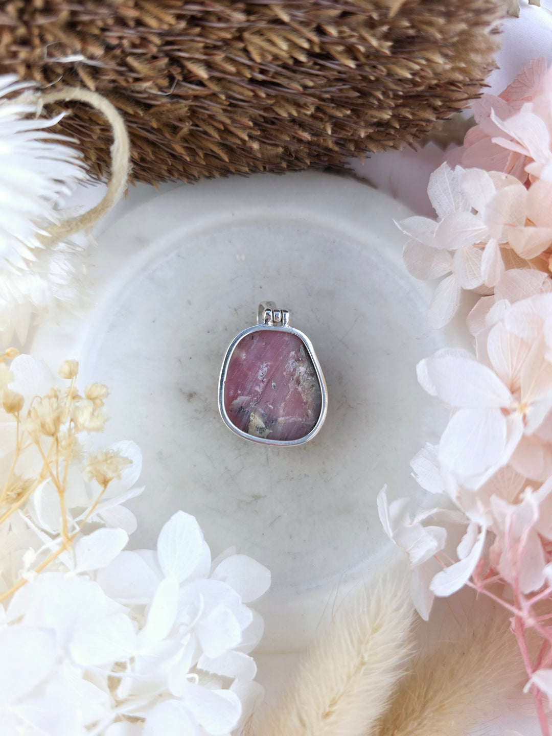 Pink Opal Tumbled Silver Pendant