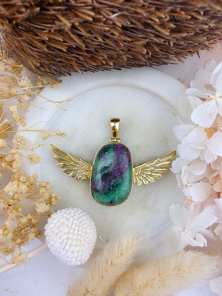 Ruby Zoisite Anahata Brass Pendant