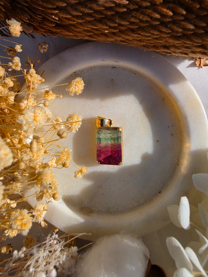 Pink & Green Bi-Coloured Tourmaline Pendant - 18k Solid Gold