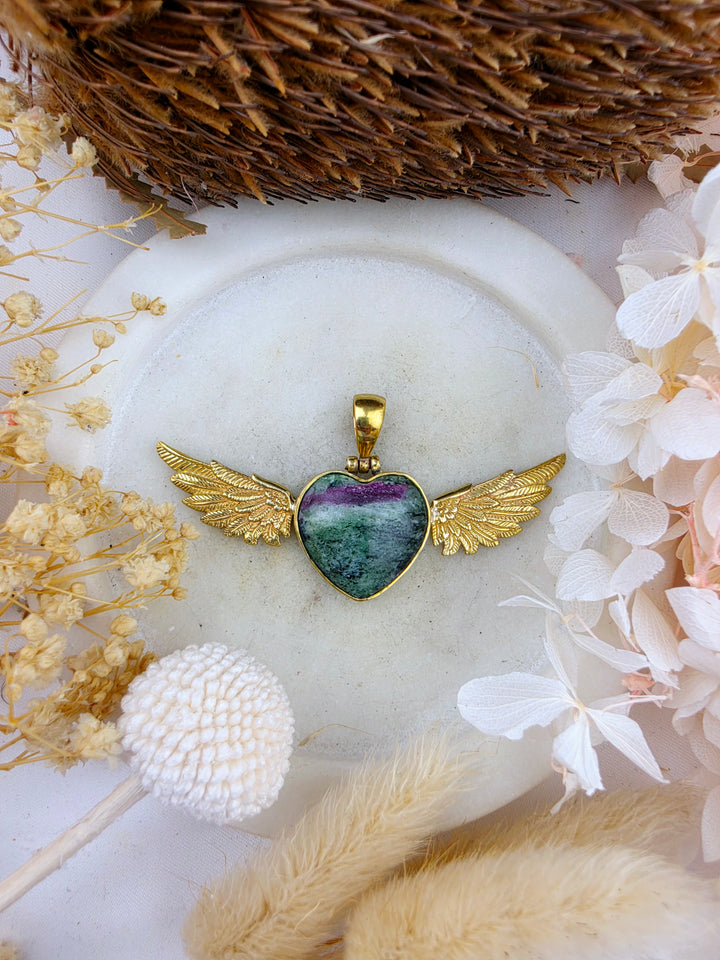 Ruby Zoisite Anahata Heart Brass Pendant