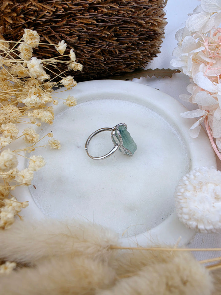 Aquamarine Natural Silver Ring (Adjustable)