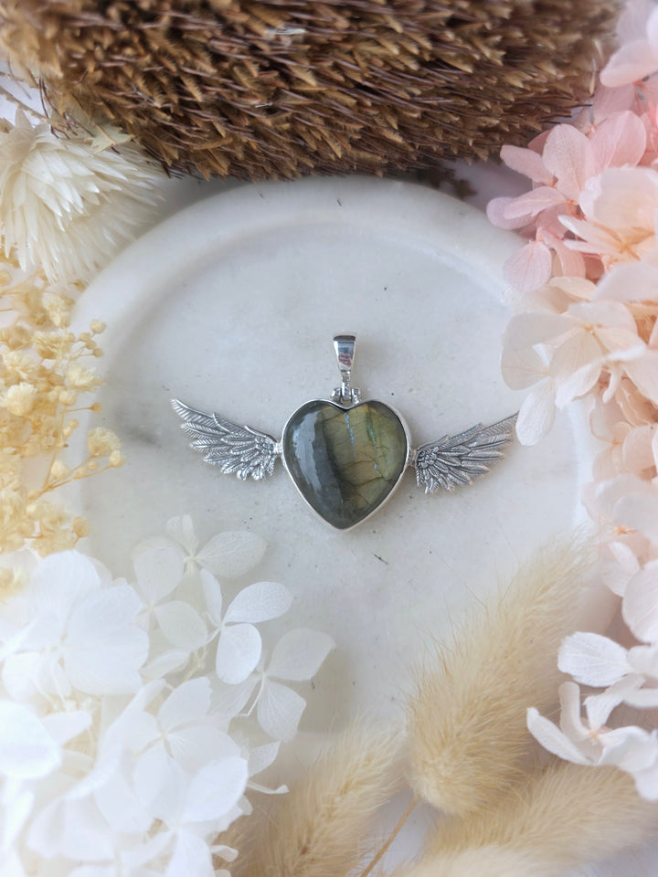Labradorite Heart Winged Goddess Silver Pendant