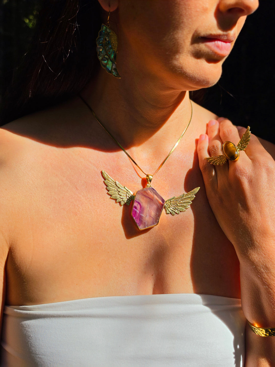 Rainbow Fluorite Large Anahata Brass Pendant