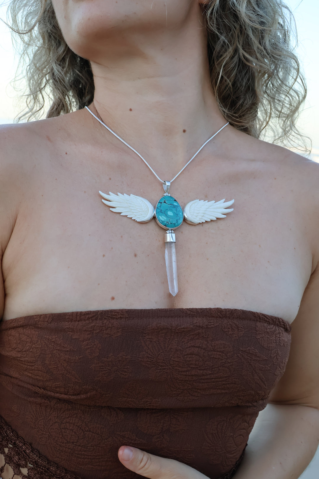 Turquoise, Clear Quartz Wand & Goddess Wings Silver Pendant