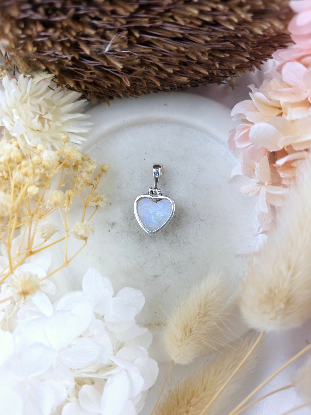 Rainbow Moonstone Heart Silver Pendant