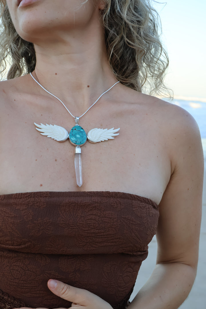 Turquoise, Clear Quartz Wand & Goddess Wings Silver Pendant