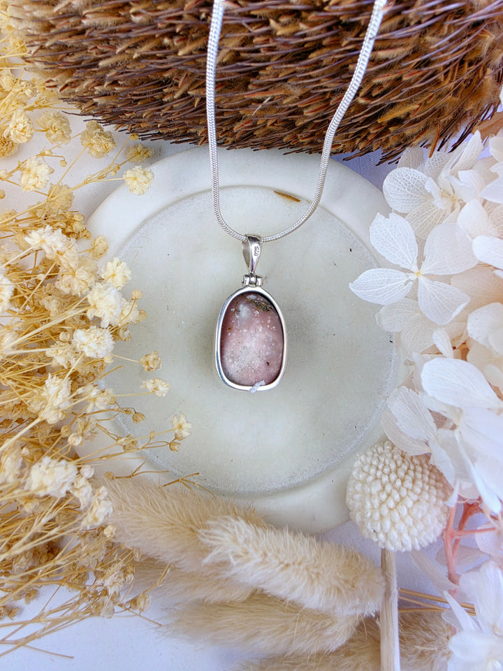 Pink Opal Tumbled Silver Pendant