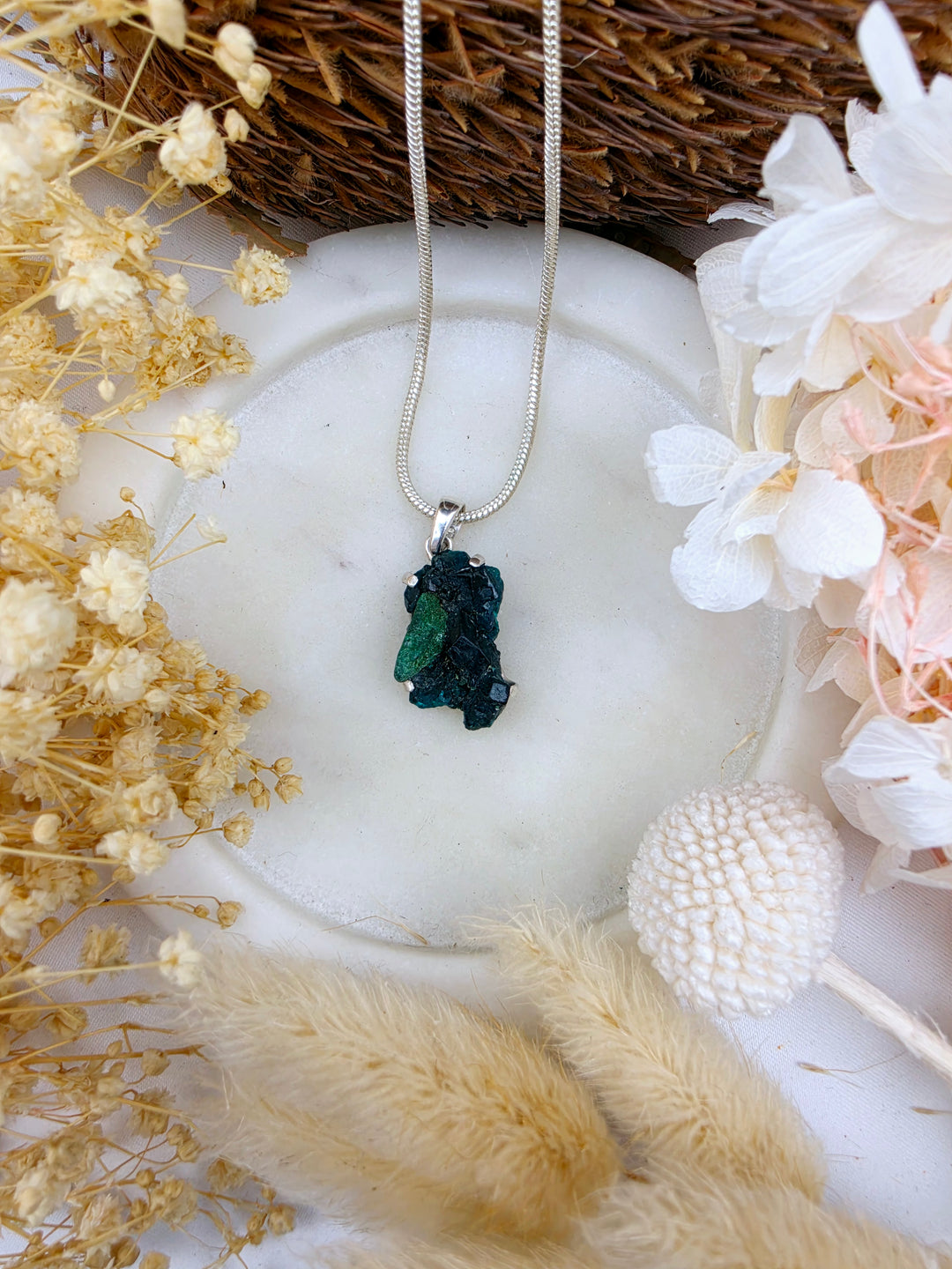 Dioptase with Malachite Natural Cluster Silver Pendant