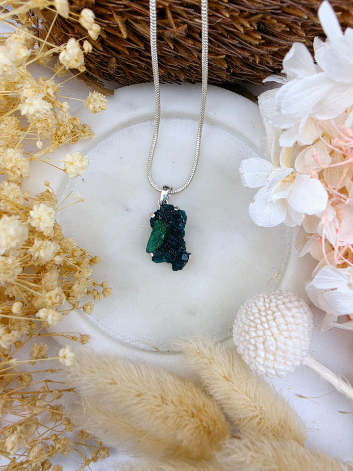 Dioptase with Malachite Natural Cluster Silver Pendant