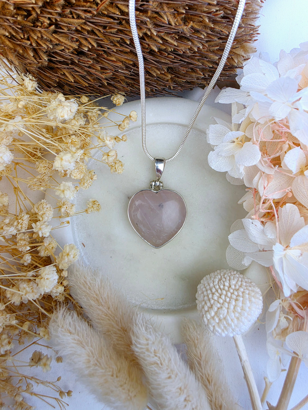 Rose Quartz Heart Silver Pendant