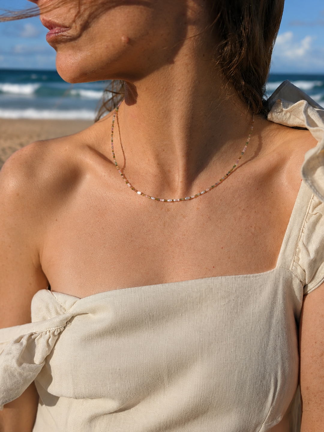 Watermelon Tourmaline Faceted Pearl Necklace - 2mm