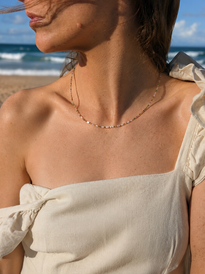 Watermelon Tourmaline Faceted Pearl Necklace - 2mm