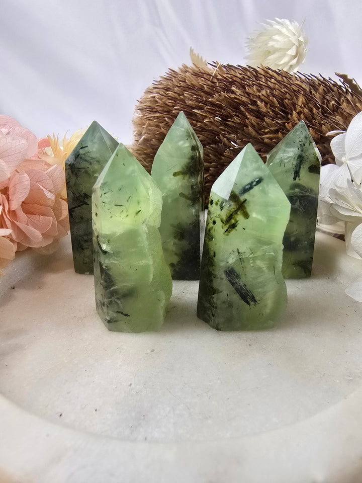 Prehnite with Black Tourmaline & Epidote Tower