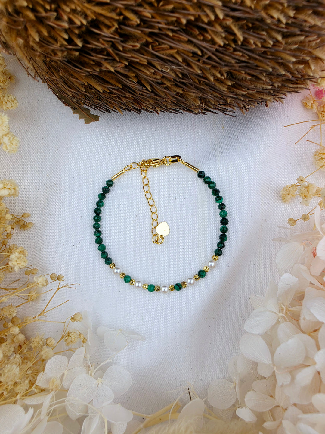 Malachite Faceted 3mm Pearl Bracelet - (Adjustable Chain)