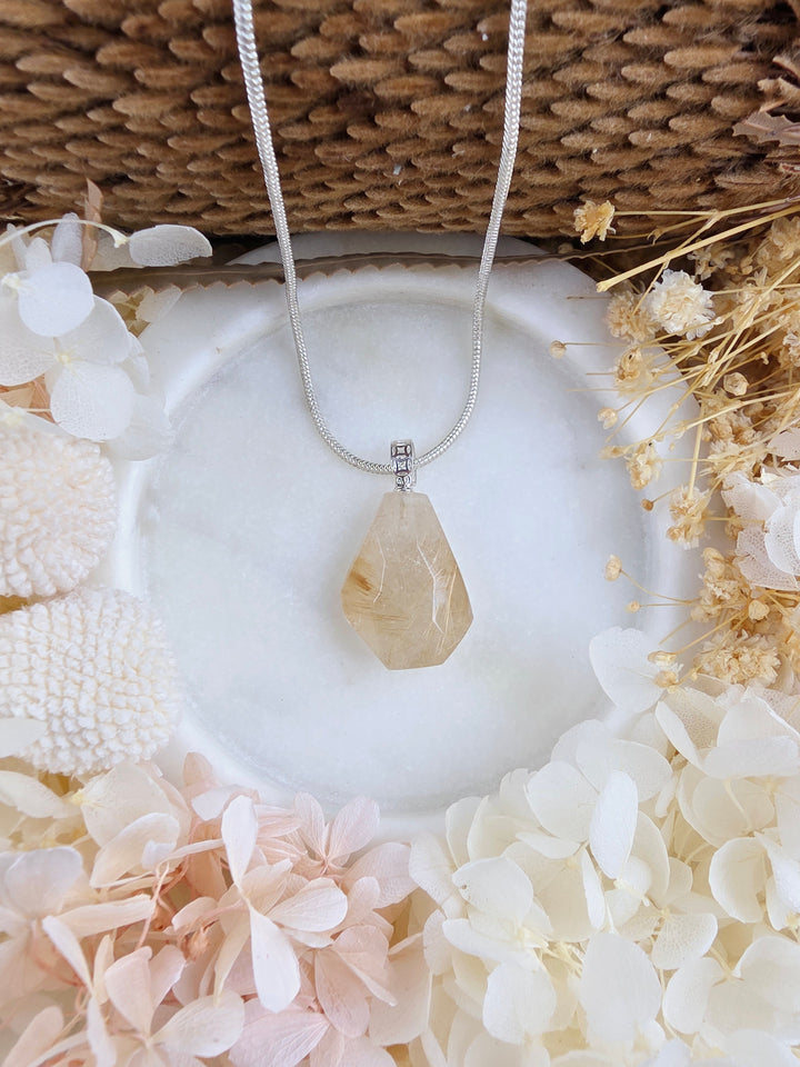 Rutilated Quartz Faceted Silver Pendant - Illuminated