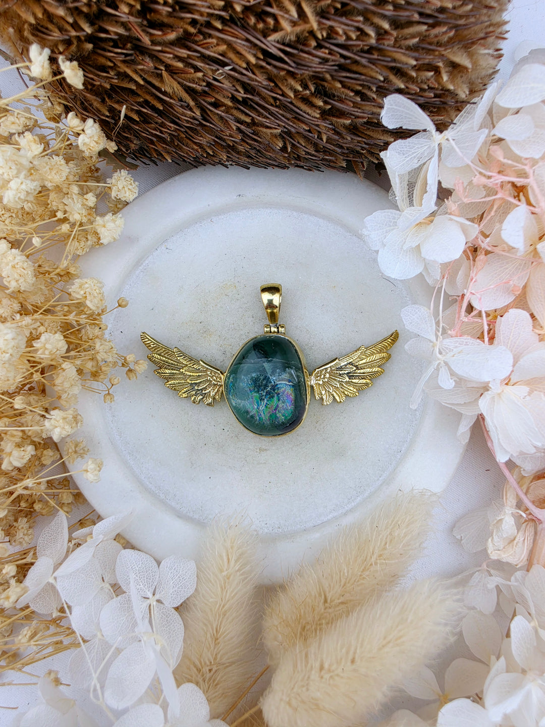 Green Fluorite Anahata Brass Pendant