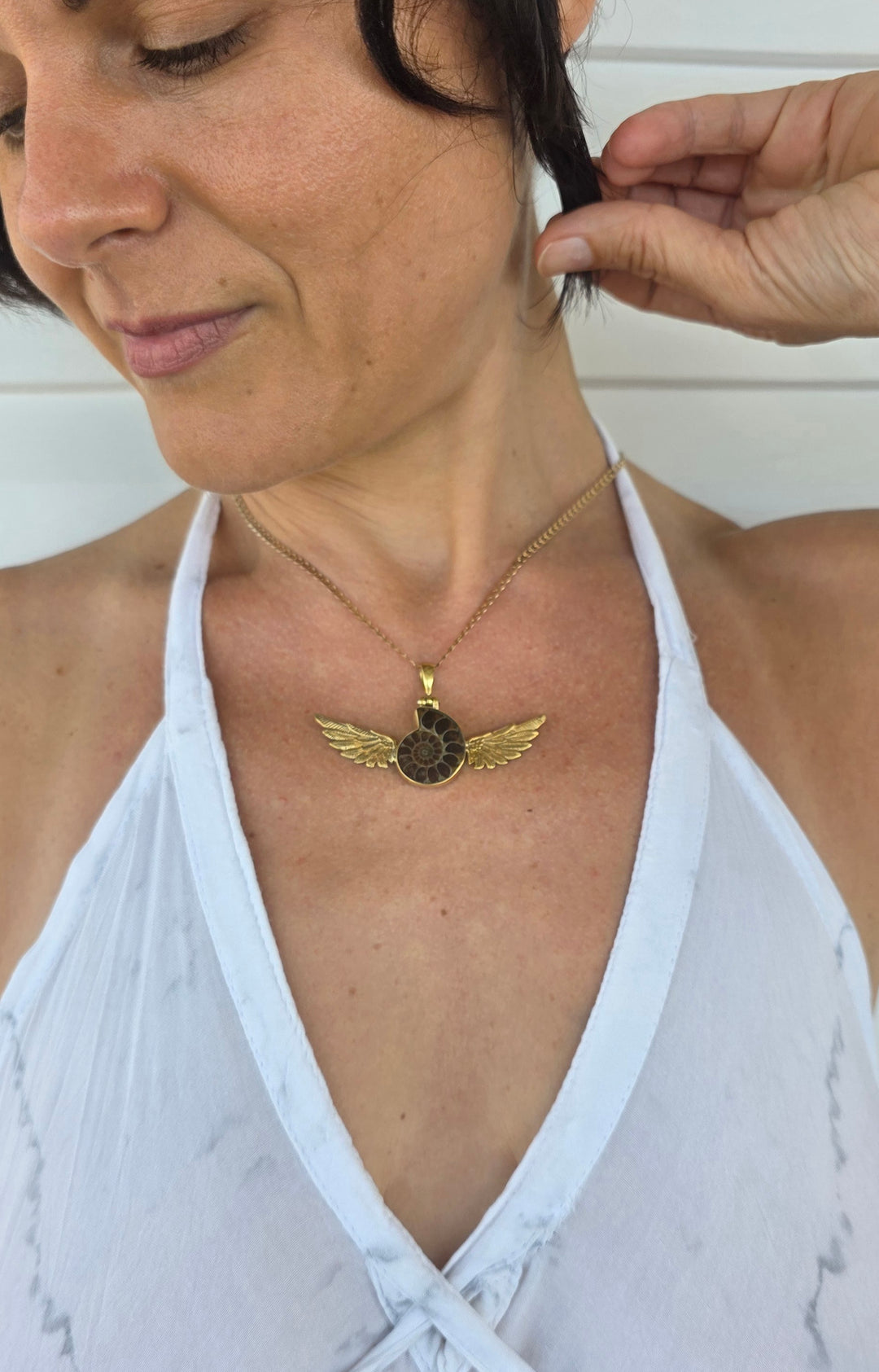 Ammonite Fossil Winged Brass Pendant #1B