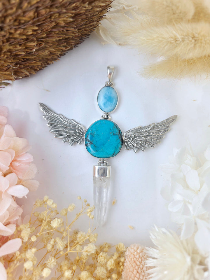 Larimar, Turquoise & Lemurian Quartz Goddess Wand Silver Pendant