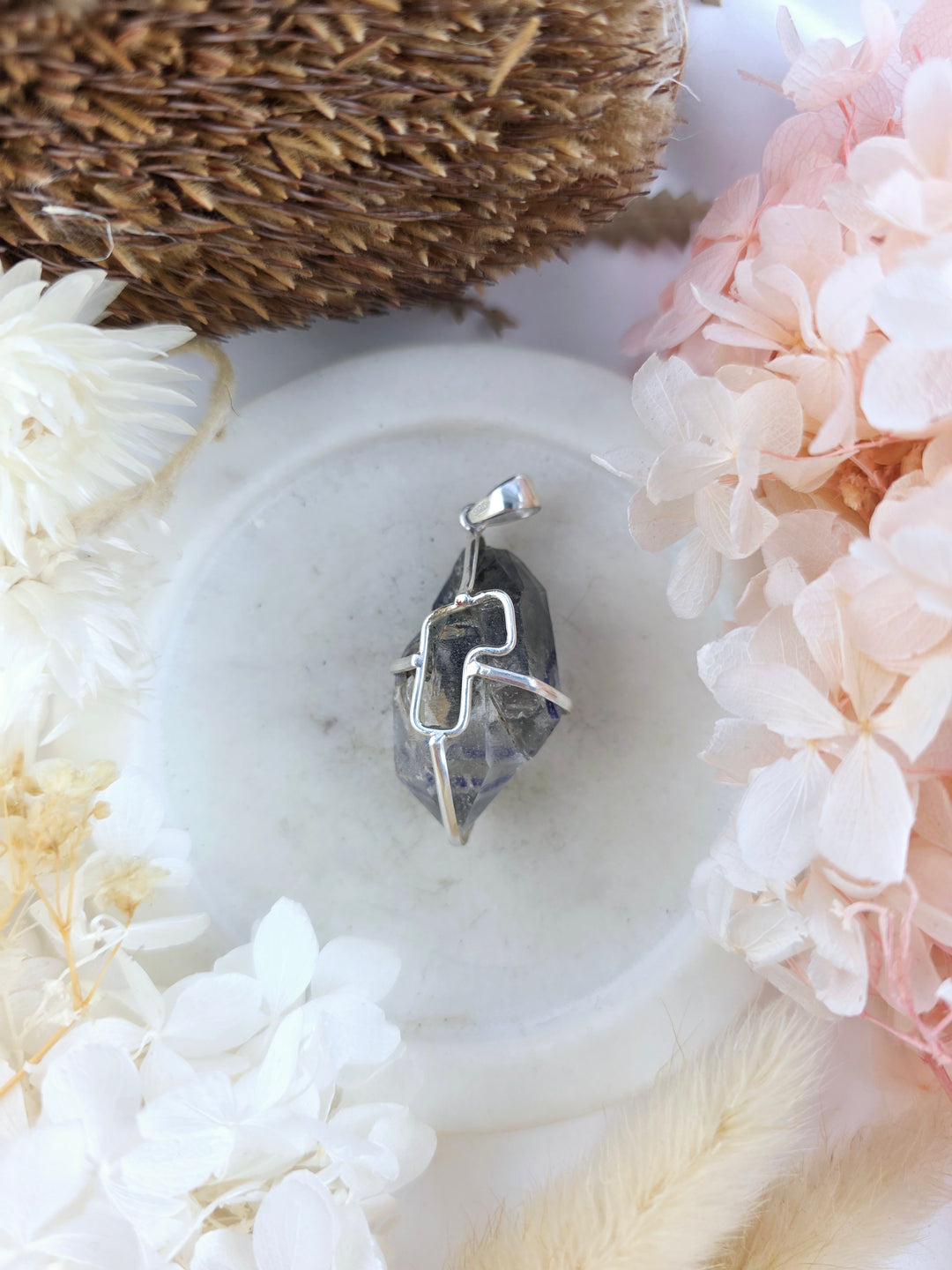 Clear Quartz with Enhydro 3 Moving Bubbles Double Terminator Silver Pendant