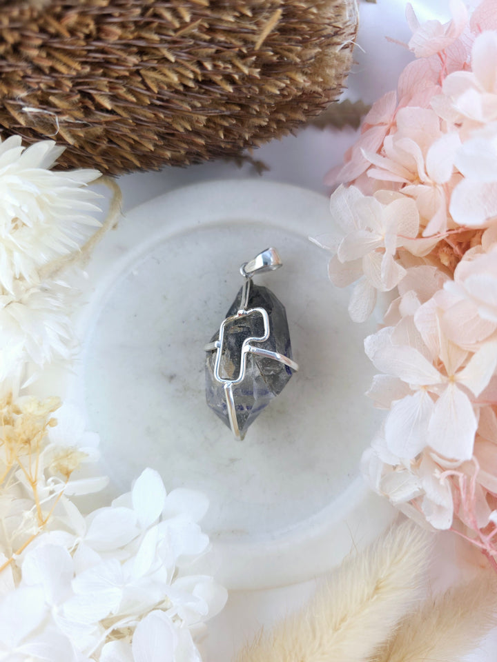 Clear Quartz with Enhydro 3 Moving Bubbles Double Terminator Silver Pendant