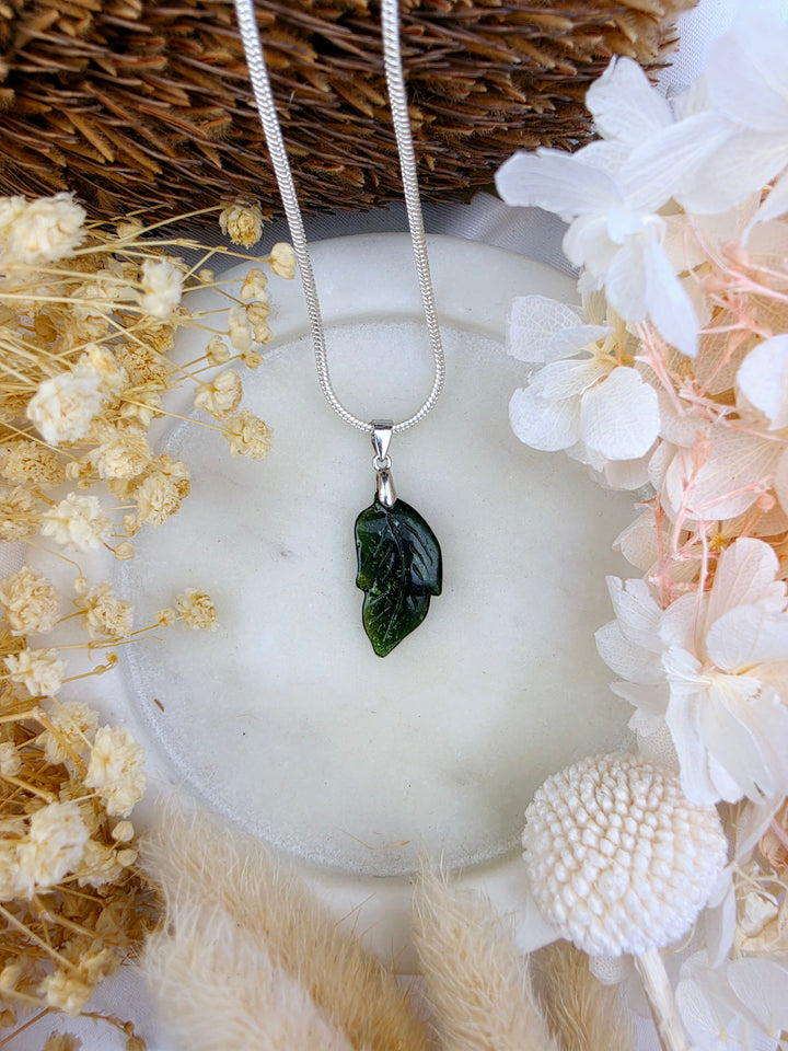 Green Tourmaline Leaf Silver Pendant