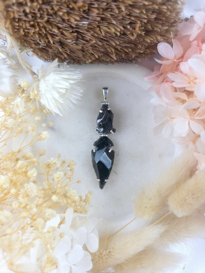 Black Obsidian Arrowhead & Shungite Silver Pendant